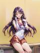 Anime girl with long purple hair sitting on a table.