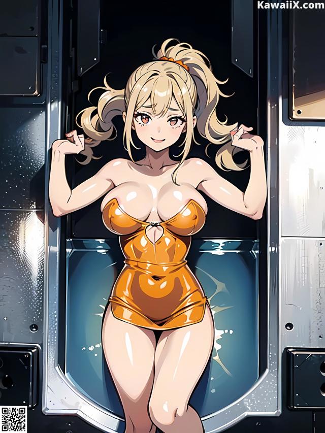 A woman in an orange bathing suit posing in front of a door.