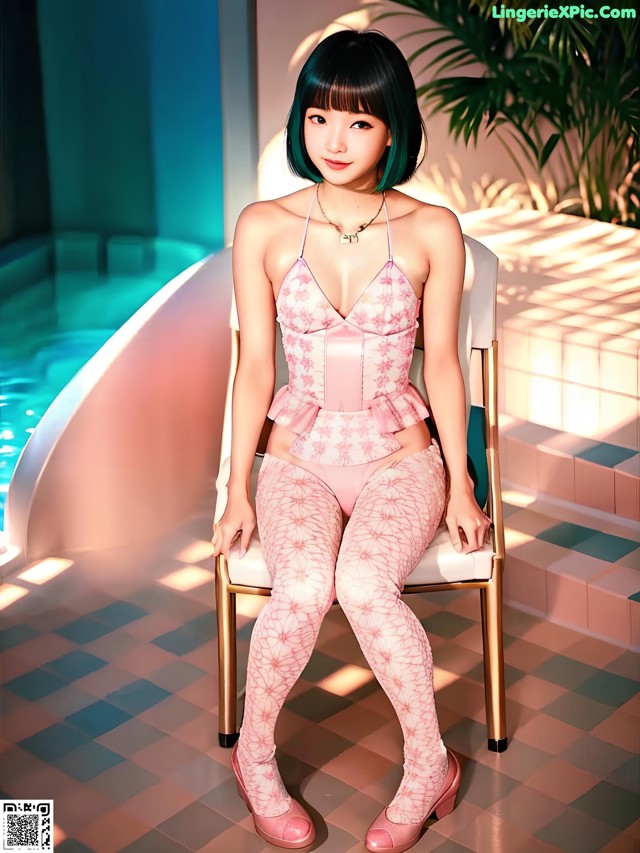 A woman in a pink bathing suit sitting on a chair.