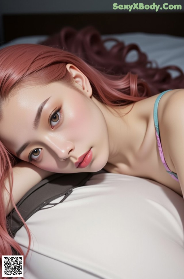 A woman with long pink hair laying on a bed.