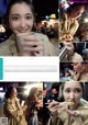 A collage of photos of a woman eating food and drinking a drink.