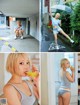 A collage of photos of a woman drinking orange juice.