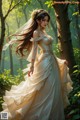 A woman in a wedding dress walking through a forest.