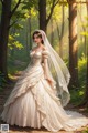 A woman in a wedding dress standing in the woods.