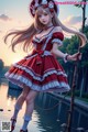 A girl in a red and white dress holding a stick.