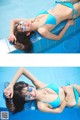 A woman in a blue bikini laying on the edge of a pool.